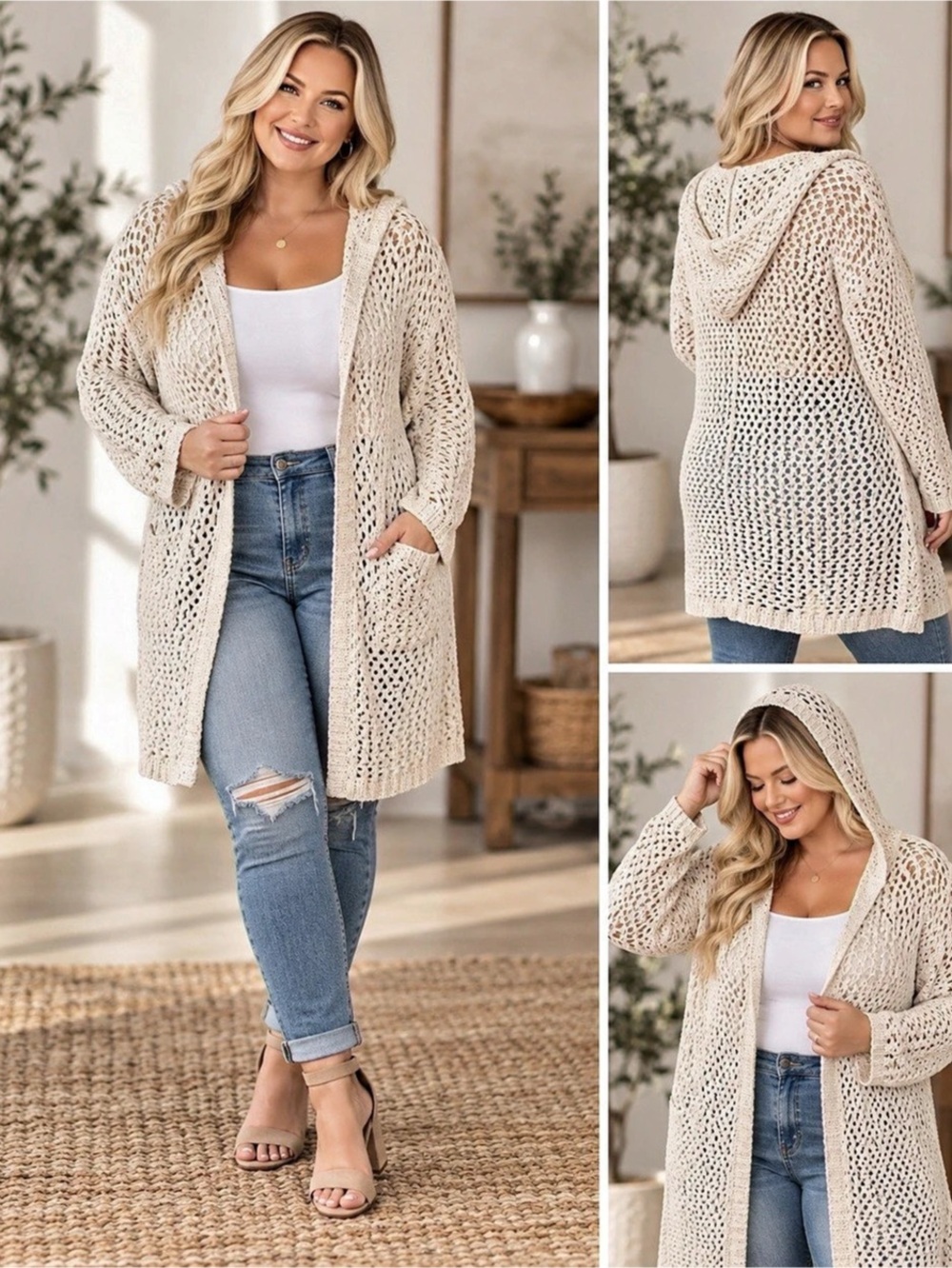 Nicole Miller Atelier Open Knit Cardigan Cream Size XL